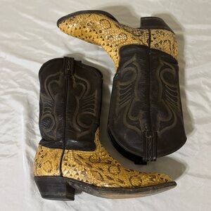 Vintage Tony Lama Genuine Snakeskin Leather Black & Tan Cowboy Boots